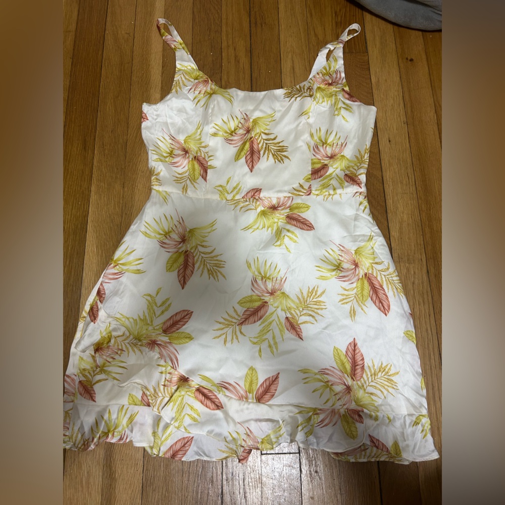 Le Lis White Dress with Shorts with Yellow and Coral Leaf Print